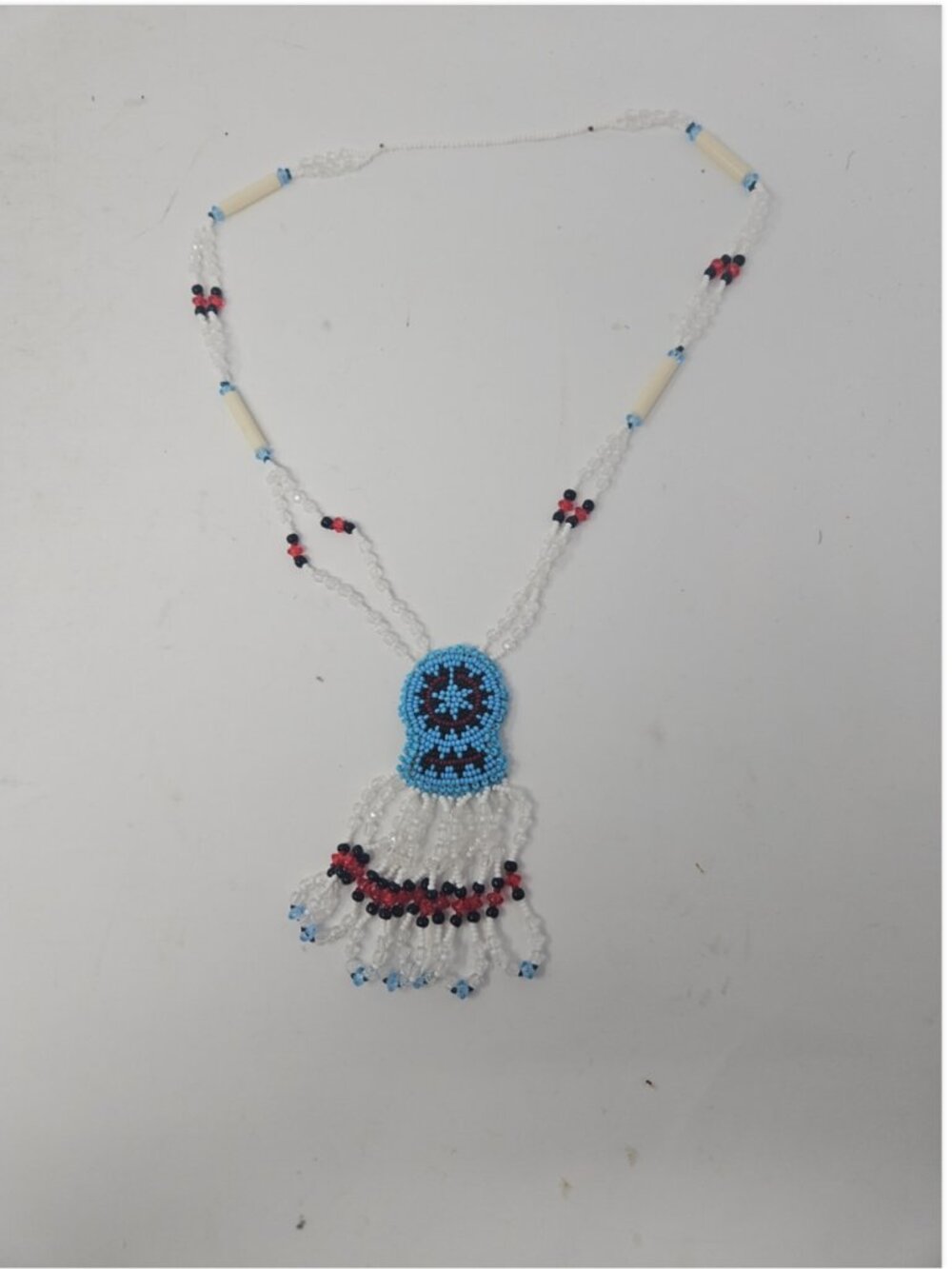 Vintage Native American Indian Seed Bead Medallion Necklace Fringe Dream Catcher